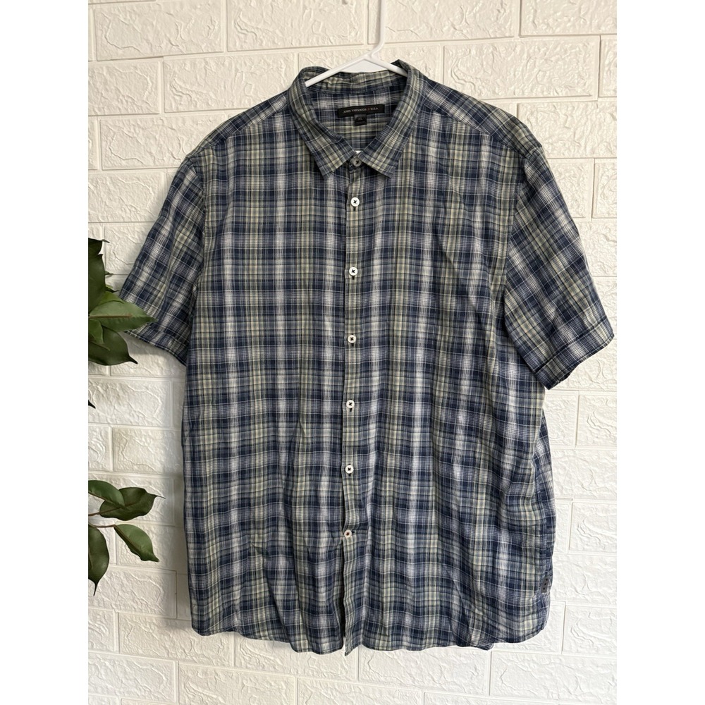 John Varvatos USA Blue Plaid Cotton Short Sleeve Button Up Shirt Mens XL